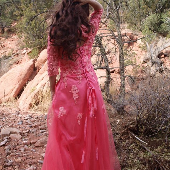 Long Coral Dress BY HAPPY WEDDING SIZE 14 NEW - Picture 4 of 13